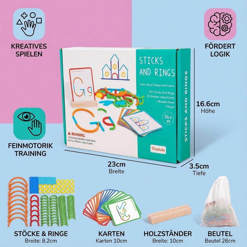 Montessori Lernspiel für Kinder: Stöcke, Ringe und Holzbausteine in verschiedenen Formen und Farben.