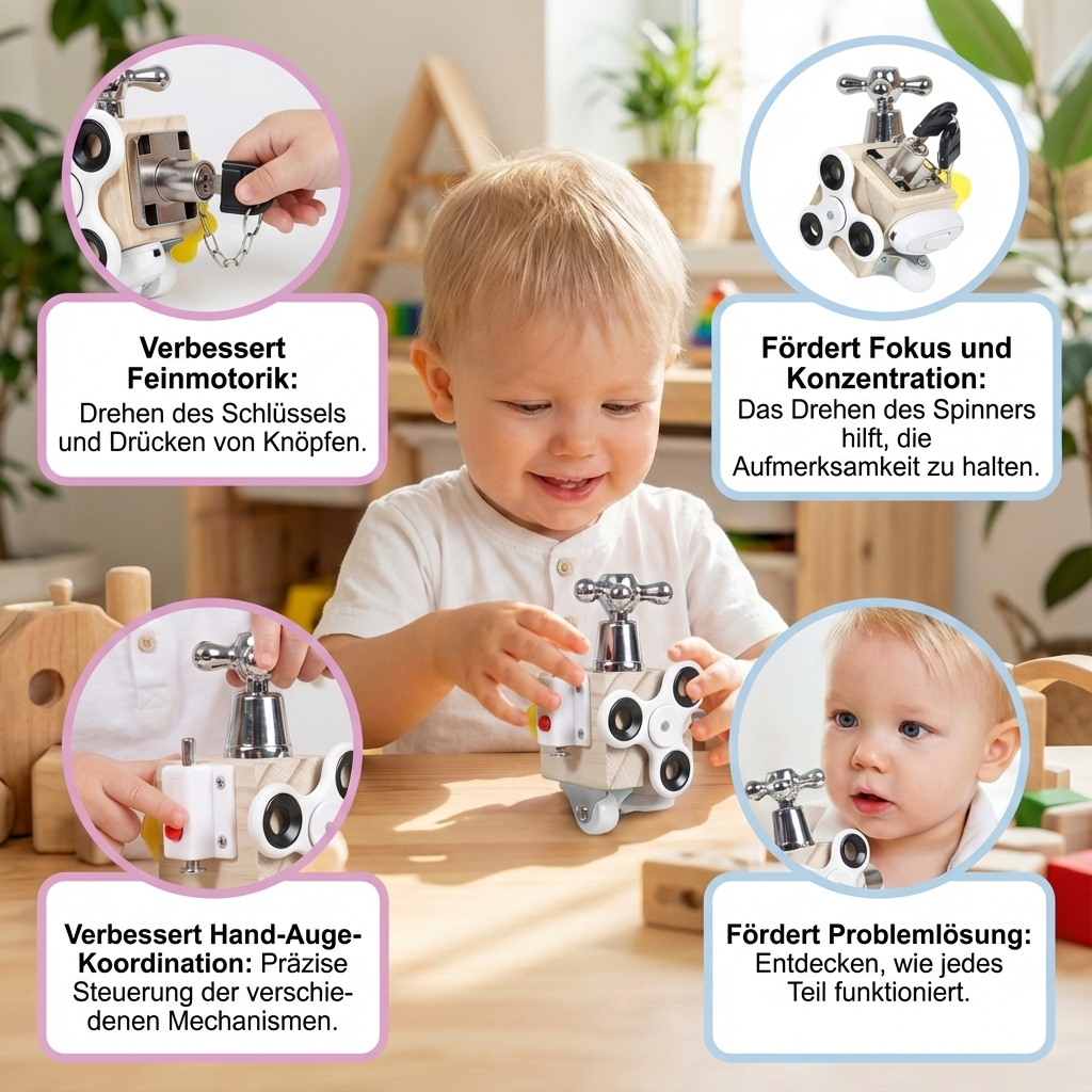 Holz Lernwürfel Montessori für Kinder mit verschiedenen Schlössern & Aktivitäten zur Geschicklichkeitsentwicklung.