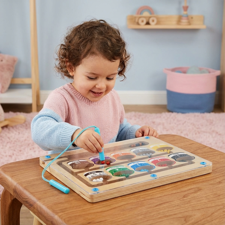 Montessori Magnetlabyrinth Holzspielzeug für Kinder, fördert Motorik, Konzentration und spielerisches Lernen.