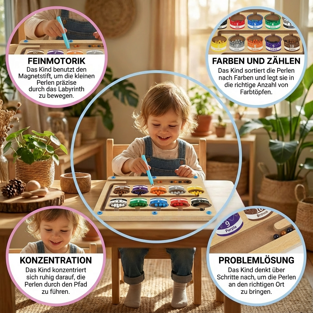 Kind spielt mit farbigem Montessori Magnetlabyrinth, verbessert Feinmotorik, Konzentration und Problemlösung.