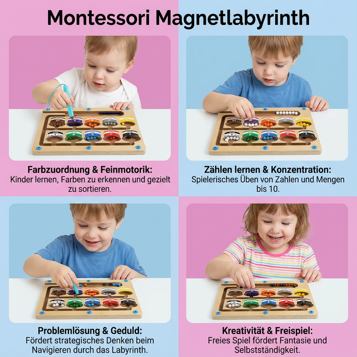Motorikspielzeug Magnetlabyrinth: Farben & Zahlen lernen. Pädagogisches Holzspielzeug für Kindergarten & Vorschule.