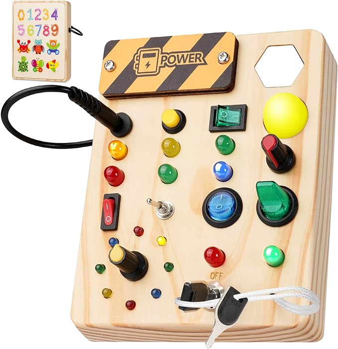Montessori-Pinnwand für Kleinkinder mit LED-Beleuchtung, fördert Feinmotorik, Sensorik und kindliche Entwicklung.