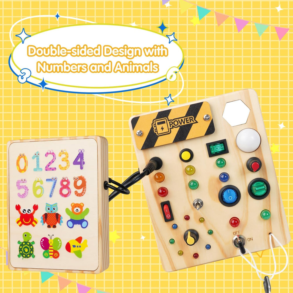 Lernspielzeug Montessori-Pinnwand mit LEDs, ideal zur Förderung der Sensorik und Feinmotorik bei Kleinkindern.