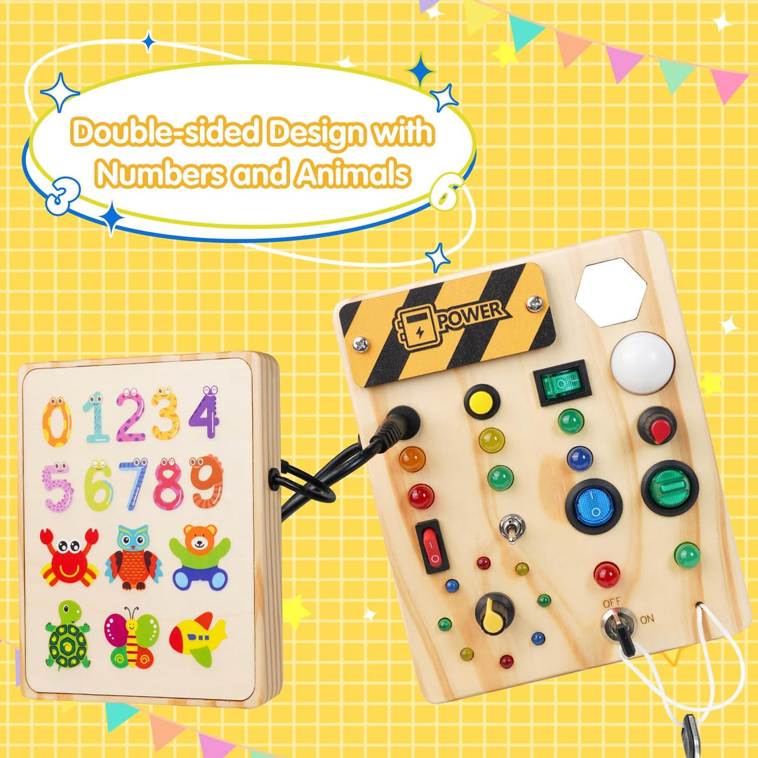 Lernspielzeug Montessori-Pinnwand mit LEDs, ideal zur Förderung der Sensorik und Feinmotorik bei Kleinkindern.