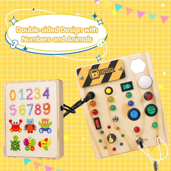 Lernspielzeug Montessori-Pinnwand mit LEDs, ideal zur Förderung der Sensorik und Feinmotorik bei Kleinkindern.