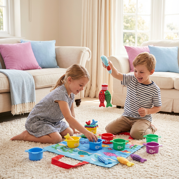 Montessori Plüsch Fischteich Lernspielzeug für spielerische Entwicklung & Feinmotorik bei Kindern.