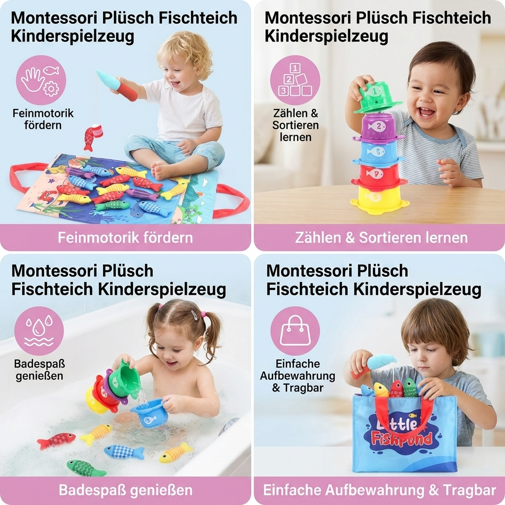 Bunte Plüschfische und Angel im Montessori Fischteich Kinderspielzeug. Ideal für Vorschulkinder.