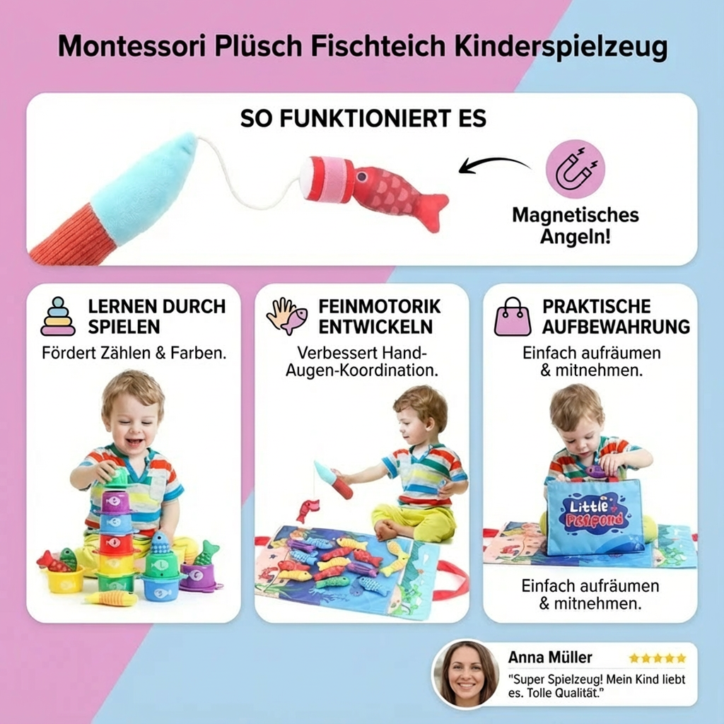 Kind spielt mit Montessori Plüsch Fischteich, übt Angeln & Feinmotorik. Pädagogisches Lernspiel.
