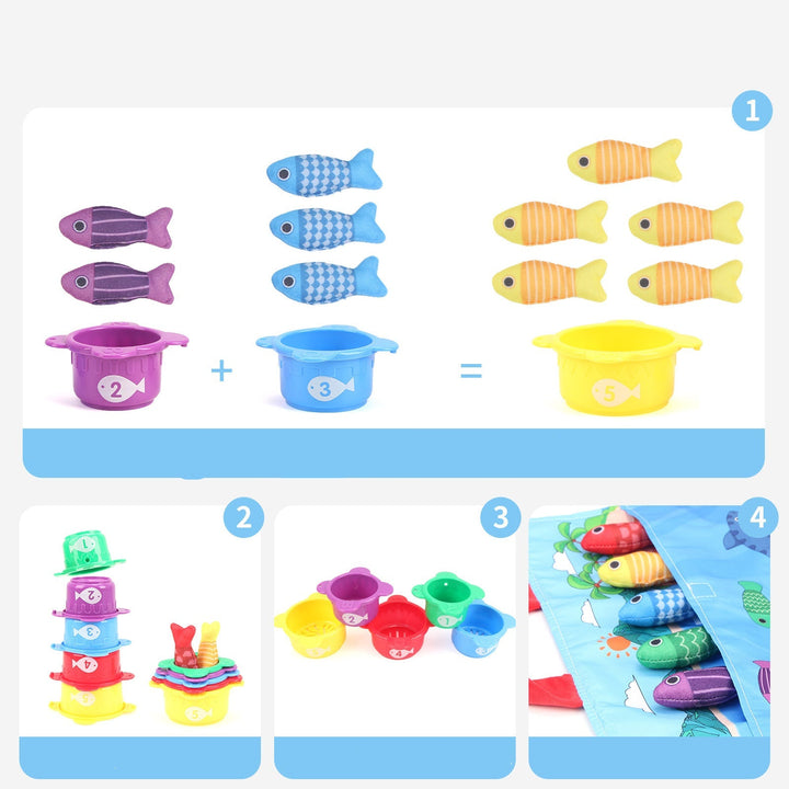 Montessori Plüschtier Fischteich mit Angel. Spielzeug zur Förderung von Feinmotorik & Farbwissen für Vorschule.