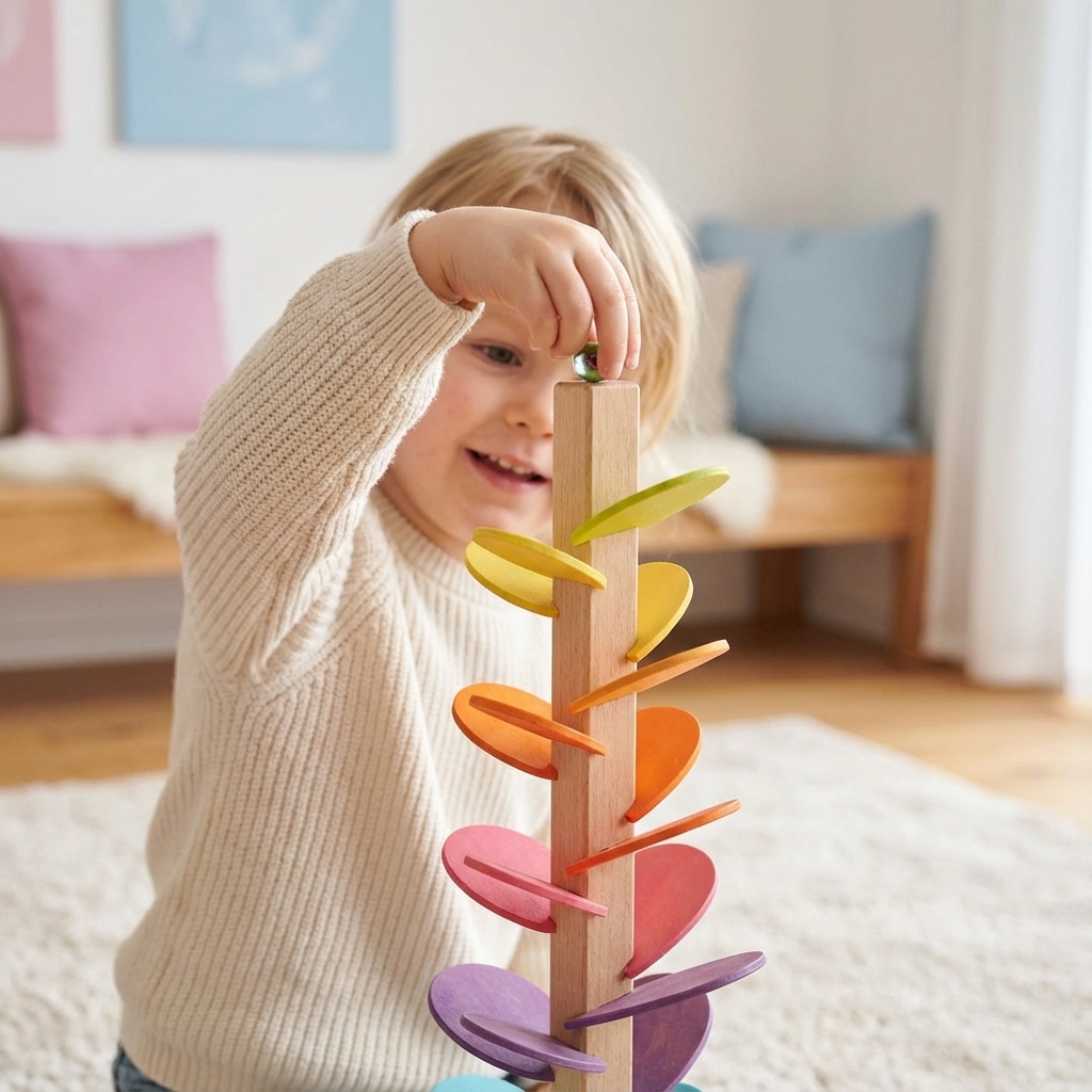 Montessori Regenbogen Murmelturm aus Holz. Lernspielzeug für Kinder, fördert Motorik & Entwicklung bei Kleinkindern.