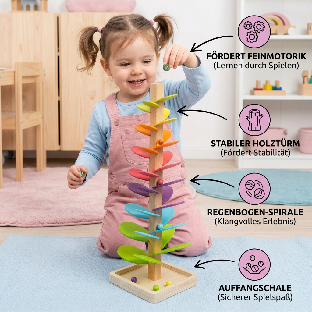 Pädagogischer Regenbogen Murmelturm aus Holz. Montessori Lernspielzeug für Kinder, fördert Feinmotorik & Konzentration.