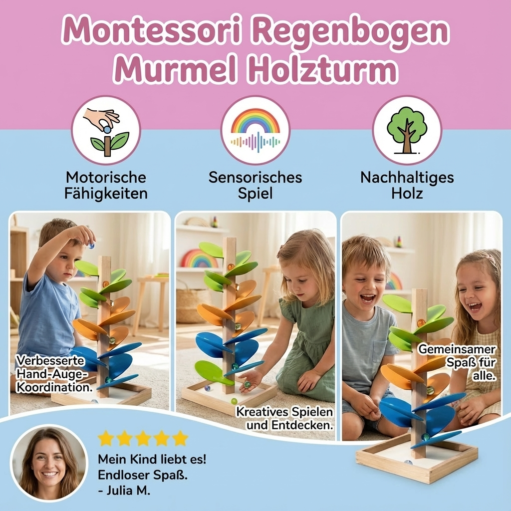 Kind beim Spielen mit buntem Regenbogen Murmelturm aus Holz. Montessori Lernspielzeug, fördert Motorik & Ursache-Wirkung.