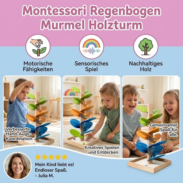 Kind beim Spielen mit buntem Regenbogen Murmelturm aus Holz. Montessori Lernspielzeug, fördert Motorik & Ursache-Wirkung.