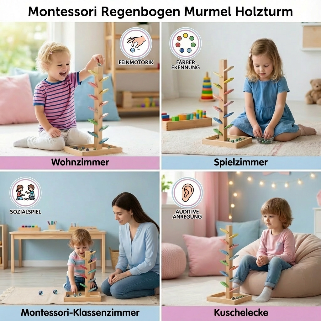 Detailansicht Montessori Regenbogen Murmelturm aus Holz. Pädagogisches Lernspielzeug für Kleinkinder, sicher & robust.