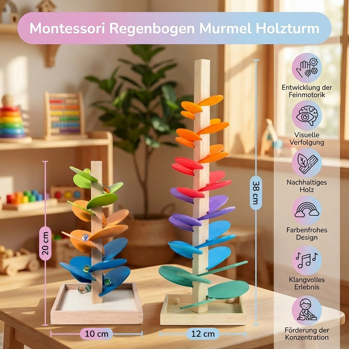 Holzspielzeug Regenbogen Murmelturm mit bunten Bahnen. Montessori Lernspielzeug für Kinder, fördert die Entwicklung.