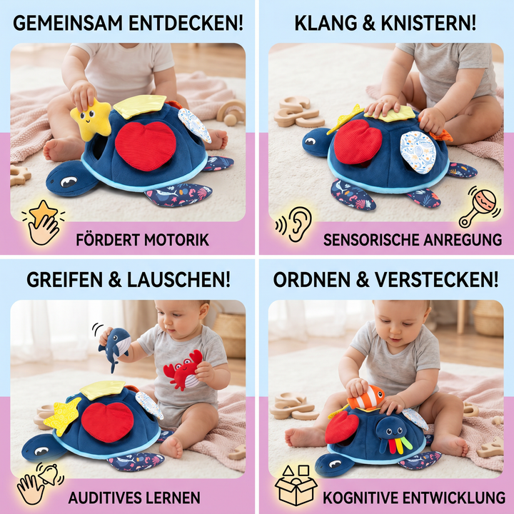 Weiches Stofftier Schildkröte, ein tolles Babygeschenk. Sensorisches Montessori Spielzeug für Babys & Kleinkinder.
