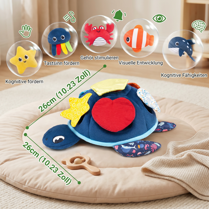 Interaktives Montessori Schildkröten Sensorikspielzeug für Babys. Unterstützt frühkindliche Entwicklung spielerisch.