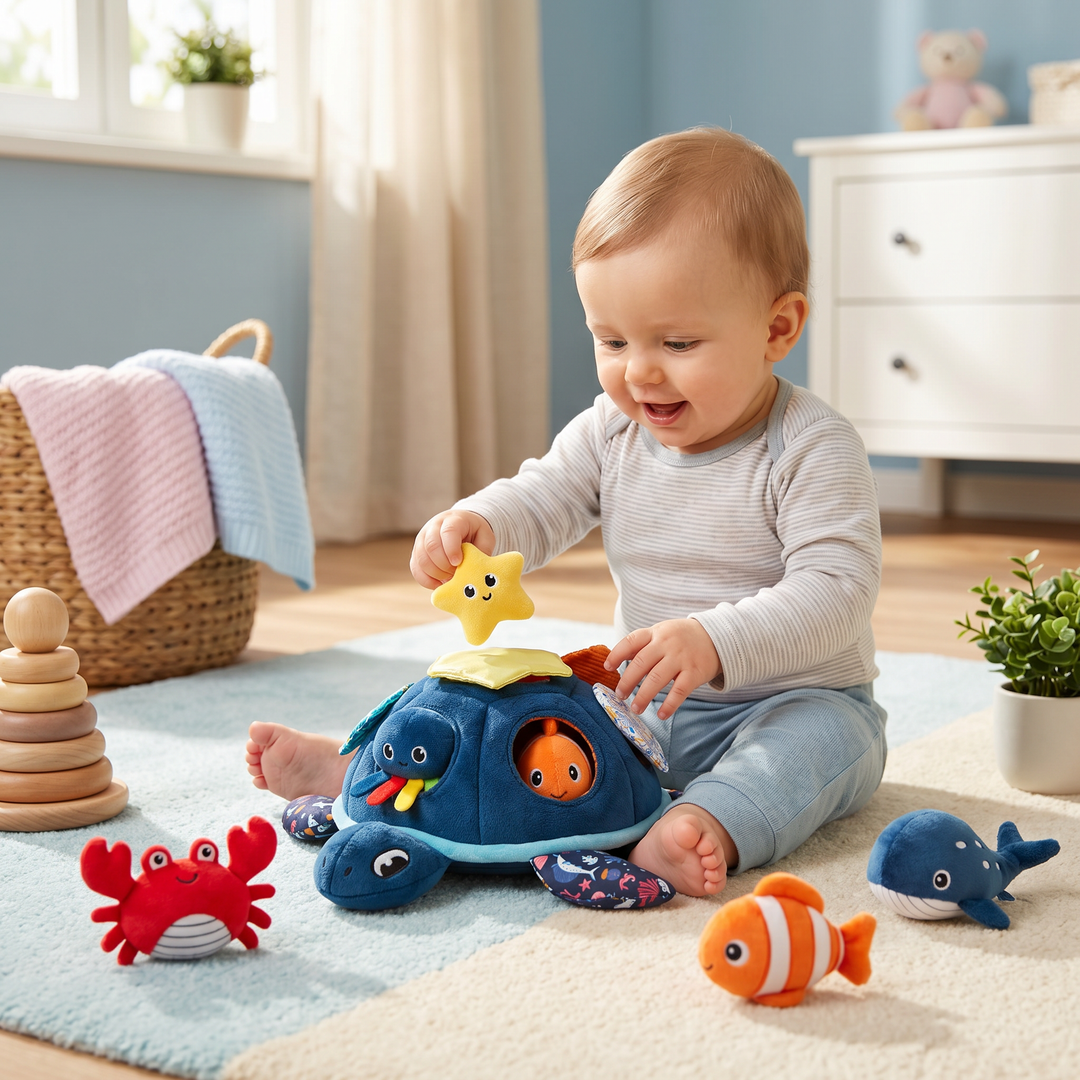 Pädagogisches Schildkrötenspielzeug aus Stoff. Montessori Lern- & Motorikspielzeug für Babys und Kleinkinder.