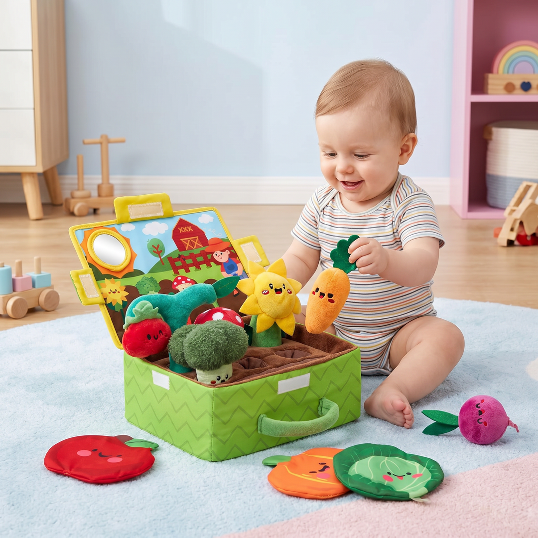 Montessori Sensorikspielzeug: Plüsch Obst & Gemüse Set für Babys Frühförderung mit Rassel und Spiegel.