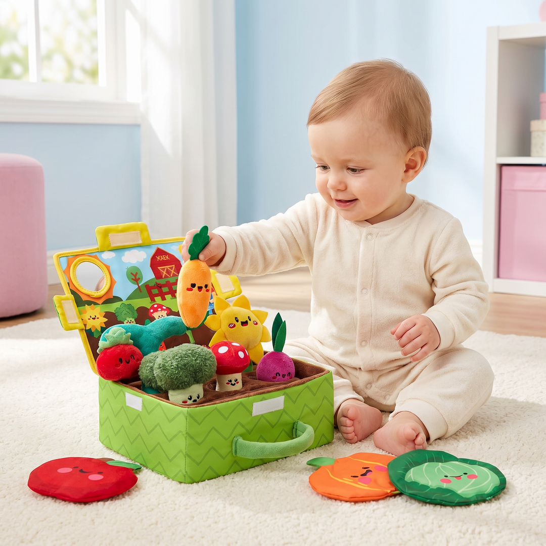 Weiches Plüsch Obst & Gemüse Greifling Set für Babys Sensorik, ideal für frühkindliche Entwicklung.