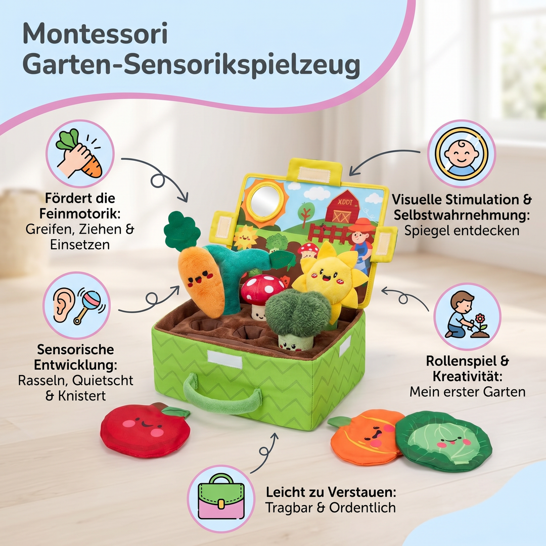 Babys Sensorikspielzeug: Plüsch Obst & Gemüse Set mit Rassel und Spiegel fördert Greifen und Entdecken.