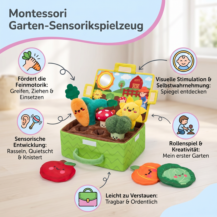 Babys Sensorikspielzeug: Plüsch Obst & Gemüse Set mit Rassel und Spiegel fördert Greifen und Entdecken.