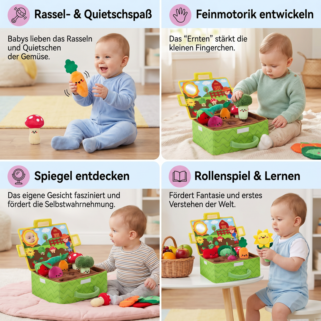 Vielfältiges Plüsch Obst & Gemüse Set für Babys: Greiflinge mit Rassel und Spiegel zur Sensorik-Förderung.