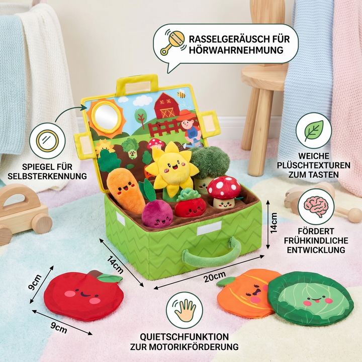Entdeckerspielzeug für Babys: Plüsch Obst & Gemüse Greiflinge mit Rassel und Spiegel zur spielerischen Sensorik.