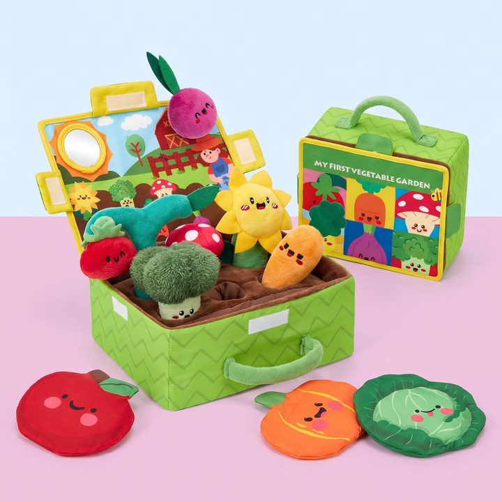 Farbenfrohes Plüsch Obst & Gemüse Sensorikspielzeug für Babys mit Rassel, Spiegel und Quietsch für Entdeckung.
