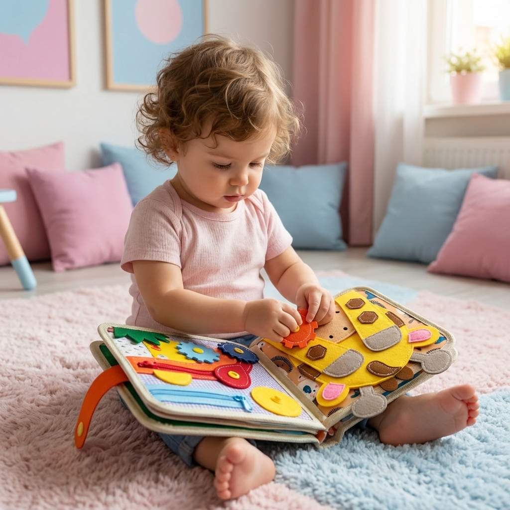 Detailansicht einer Seite des Montessori Fühlbuchs Giraffe mit verschiedenen Texturen und Knistereffekten.