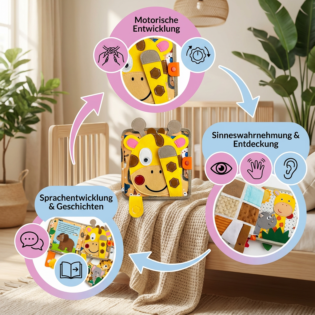 Baby spielt begeistert mit dem weichen Montessori Sensorikbuch Giraffe, fördert taktile Wahrnehmung.