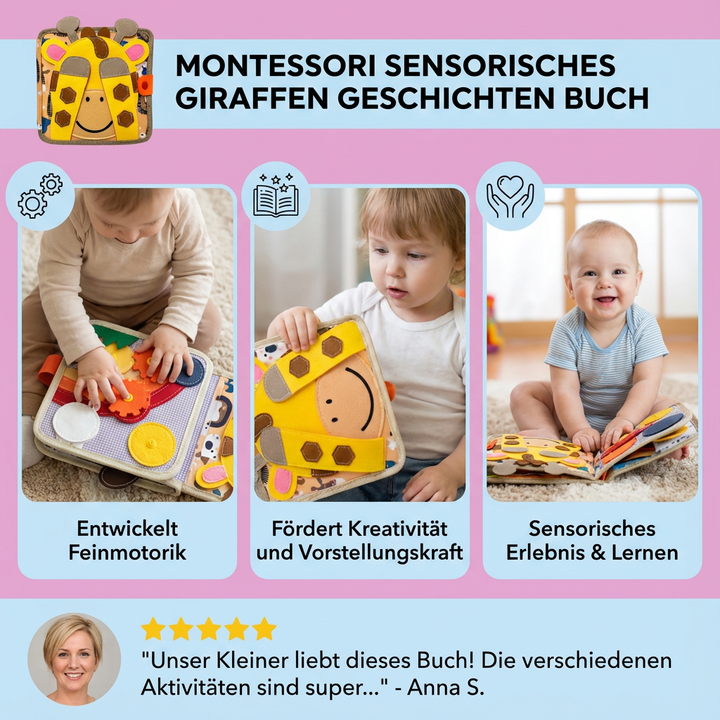 Frontansicht des Montessori Babyspielzeug-Buchs: Niedliche Giraffe auf sensorischem Fühlbuch für Babys.