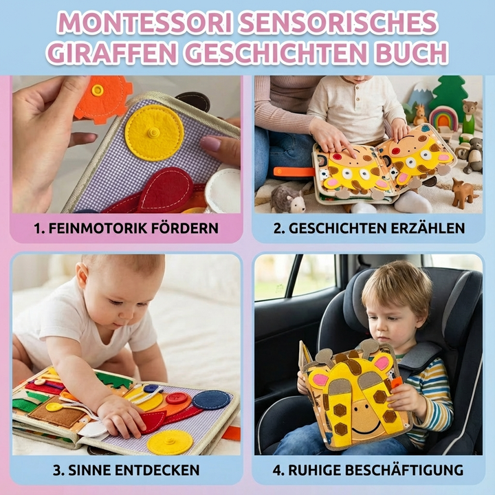 Offenes Lernspielzeug Kinderbuch Giraffe: Diverse interaktive Elemente und Spiegel für Babys ab 6 Monaten.