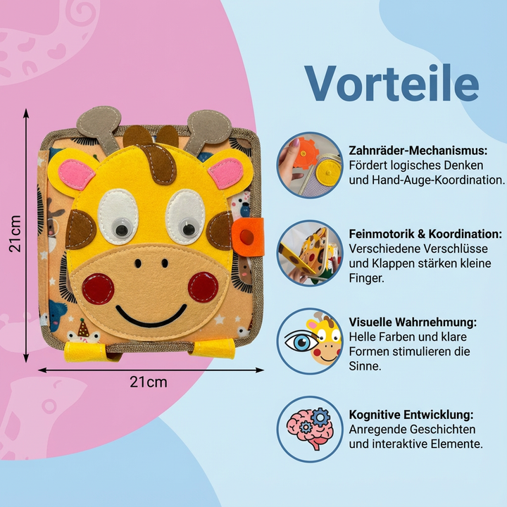Hand hält das leichte Montessori Entdeckerspielzeug Fühlbuch Giraffe – ideales Geschenk für Babys & Kleinkinder.