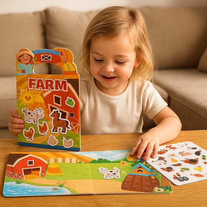 Detailansicht der wiederverwendbaren Sticker & Seiten des Montessori Lernspielbuchs für Kinder.