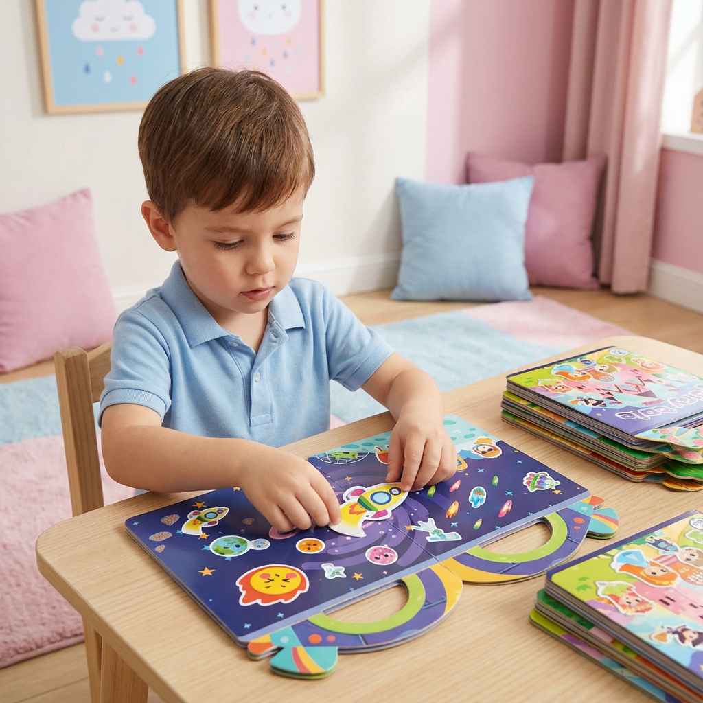 Wiederverwendbares Montessori Stickerbuch Set (Prinzessin, Bauernhof, Weltraum) für kreative Kinder.
