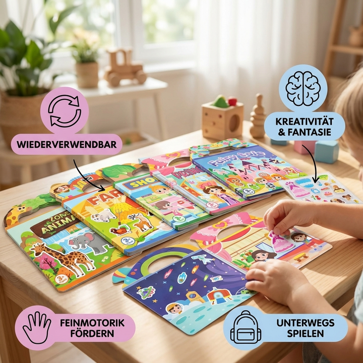 Lernspiel Stickerbuch für Kleinkinder, verbessert Feinmotorik & Konzentration. Montessori-konform.