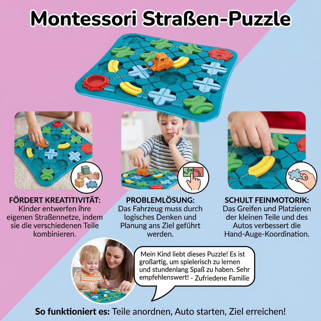 Hochwertiges Montessori Straßenpuzzle für Kinder, inspiriert kreatives Spielen und frühe Kinderentwicklung.