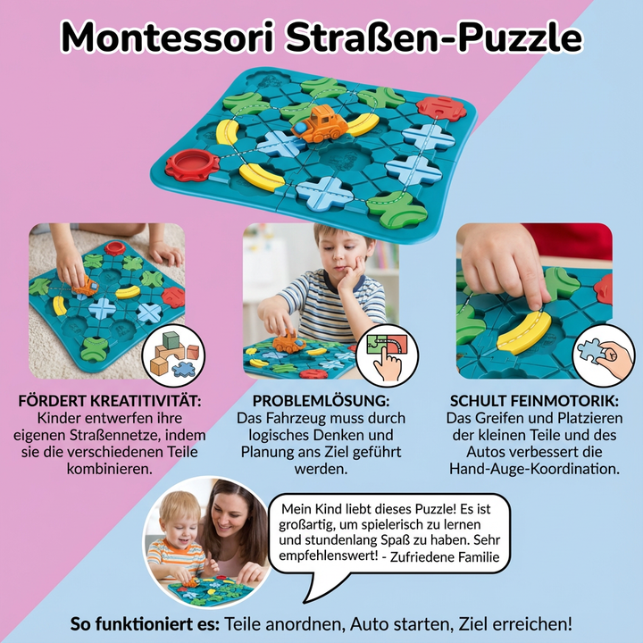 Hochwertiges Montessori Straßenpuzzle für Kinder, inspiriert kreatives Spielen und frühe Kinderentwicklung.