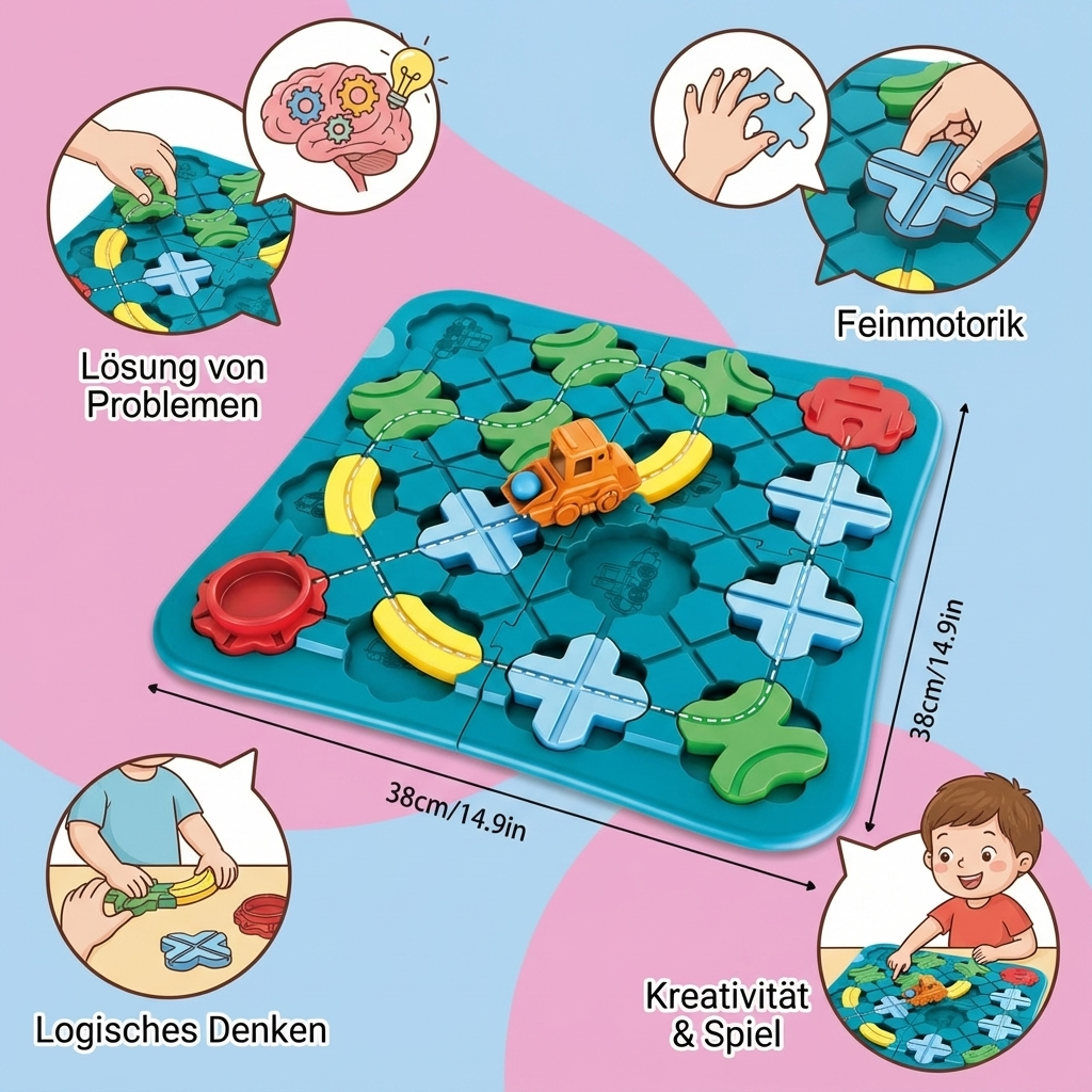 Nahaufnahme des Montessori Straßenpuzzles, Kinderhände verbinden Teile für flexible Straßen & Lernwege.