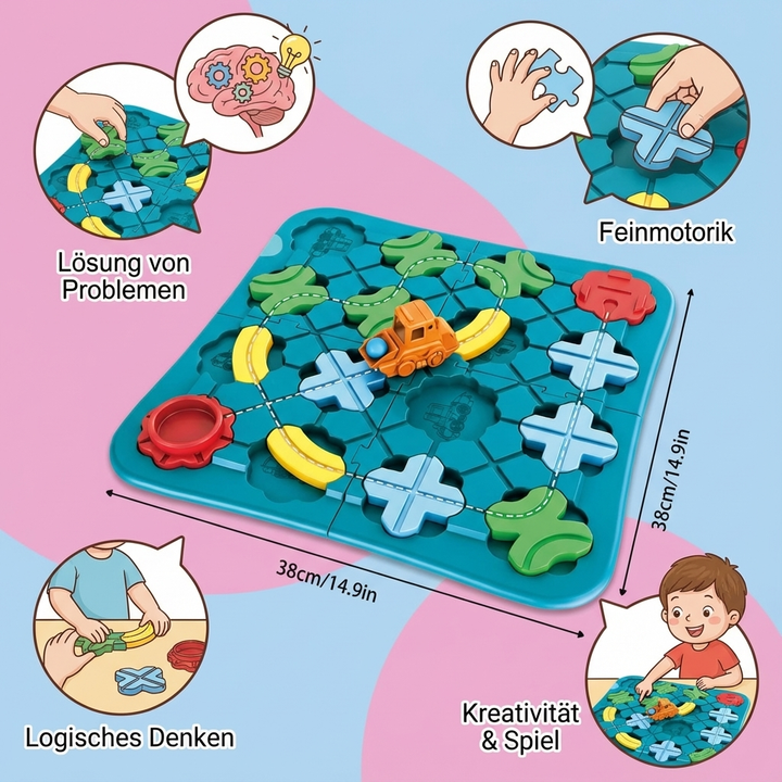 Nahaufnahme des Montessori Straßenpuzzles, Kinderhände verbinden Teile für flexible Straßen & Lernwege.