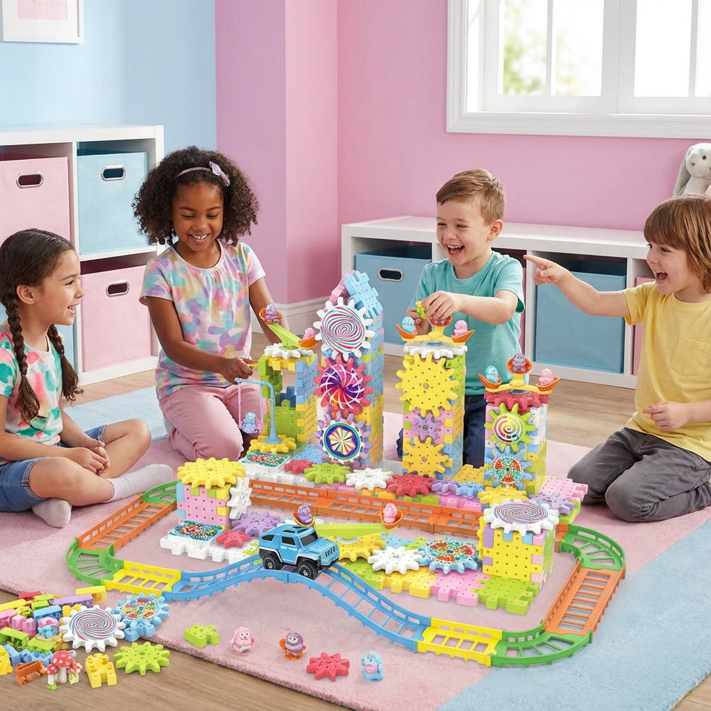 Montessori Zahnrad-Bausteine für Kinder, fördert Feinmotorik & Kreativität beim spielerischen Lernen.