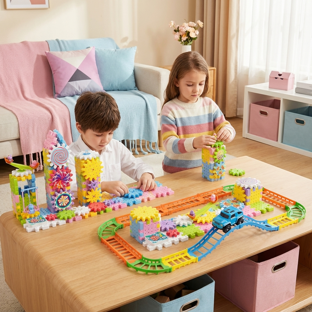 Buntes Montessori Konstruktionsspielzeug mit Zahnrädern und Bausteinen, pädagogisches Lernspiel für Kinder.