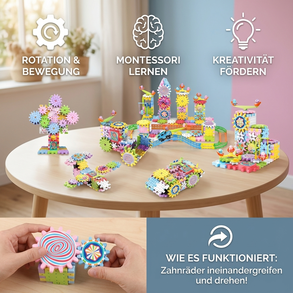 Detailaufnahme der Zahnrad-Bausteine: Kinder konstruieren spielerisch mit bunten Montessori-Elementen.