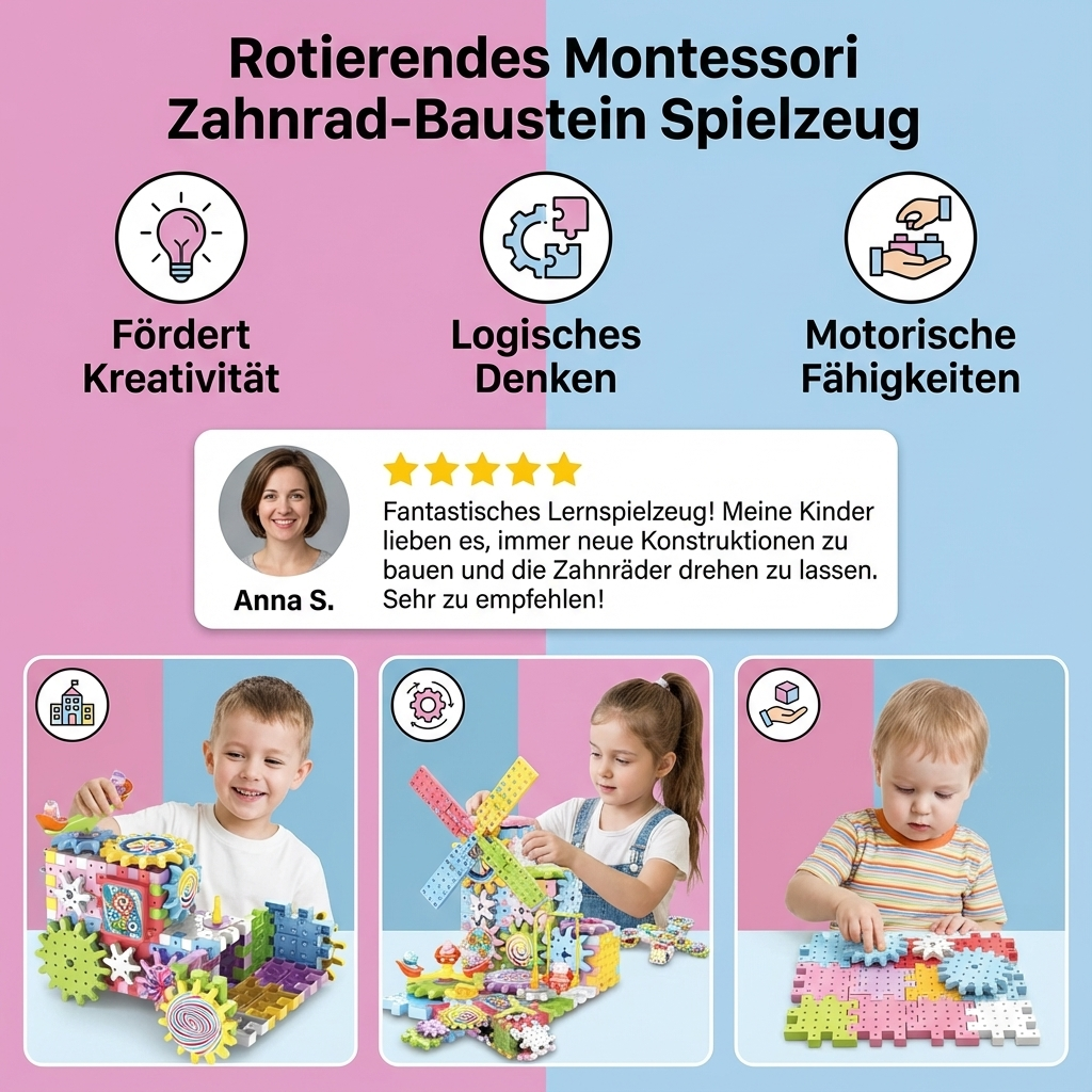 Kind spielt konzentriert mit den Montessori Zahnrad-Bausteinen, fördert logisches Denken und Feinmotorik.