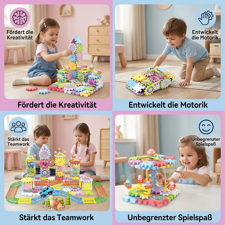 Set der Montessori Zahnrad-Bausteine: kreatives Lernspielzeug zur Entwicklung von Bau- & Problemlösefähigkeiten.