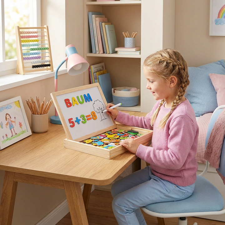 Montessori Zeichentafel aus Holz für Kinder, doppelseitig: Maltafel & Magnettafel. Ideal für kreatives Lernen.