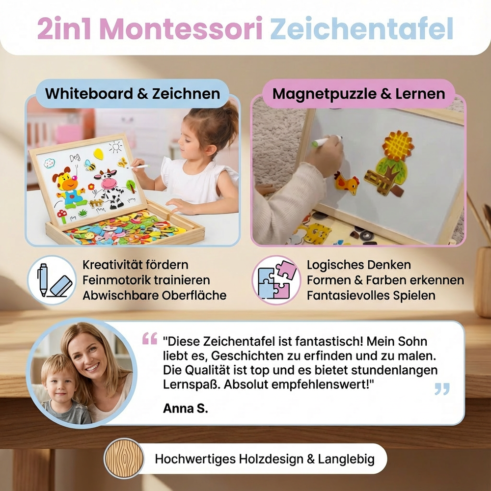 Holzspielzeug: 2-in-1 Montessori Zeichentafel für Kinder, als Maltafel & Magnettafel. Fördert Kreativität & Entwicklung.