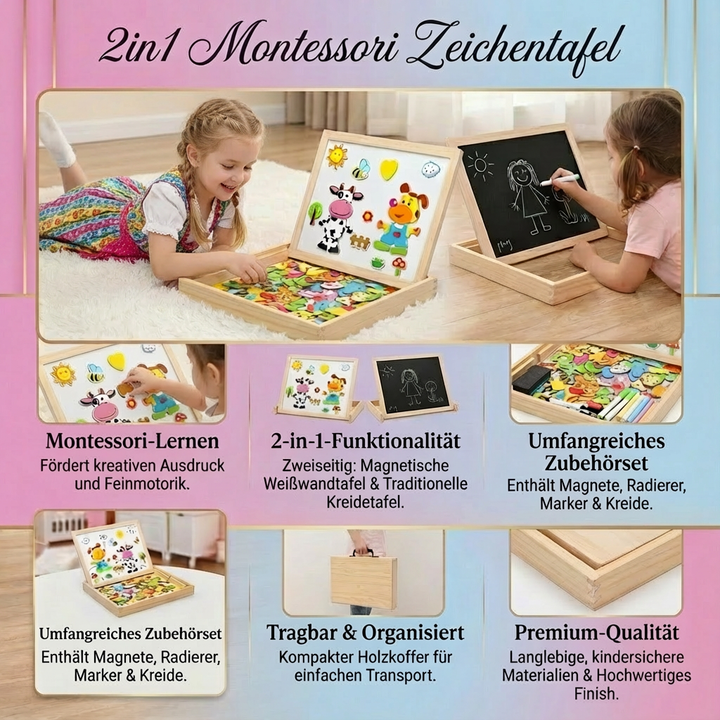 Kreative Montessori Zeichentafel aus Holz für Kinder. Beidseitige Maltafel & Magnettafel. Robustes Lernspielzeug.