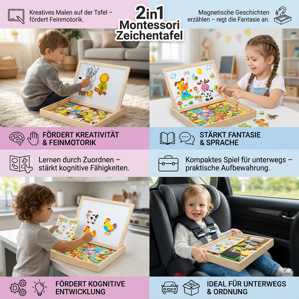 Hochwertige Holz-Zeichentafel für Kinder. Montessori 2-in-1 Spielzeug: Maltafel und Magnettafel. Entwicklungsfördernd.